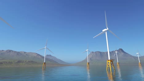 An-offshore-Windmill-farm-in-the-water.-Multiple-wind-turbines-producing-electric-power-using-the-environmental-force-of-wind-with-beautiful-mountains-in-the-background,-and-wavy-water-beneath-them.