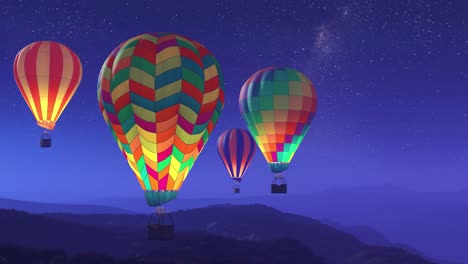 Bunte,-Leuchtende-Heißluftballons,-Die-Nachts-über-Die-Berge-Fliegen.-Drei-Große,-Mehrfarbige,-Leuchtende-Luftballons-Steigen-Langsam-Vor-Einem-Dunklen-Himmel-Mit-Sternen-Auf.-Reisen,-Abenteuer,-Festival.