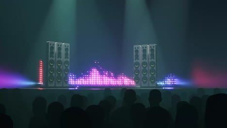 Crowded-concert-hall-with-scene-stage-lights,-show-performance.-Silhouettes-of-people-waiting-for-a-concert-or-party.-Colorful-neon-digital-display-with-equalizer,-soundwaves-and-flashing-lights.