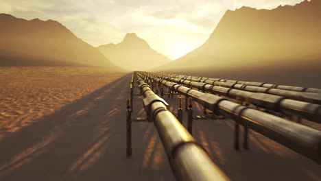 Five-streams-of-a-pipeline-with-heat-pipes-running-through-a-beautiful,-scenic,-foggy-desert-with-vast-mountains-in-the-background.-Fuel-travelling-through-a-pipe-system-supplying-petroleum.