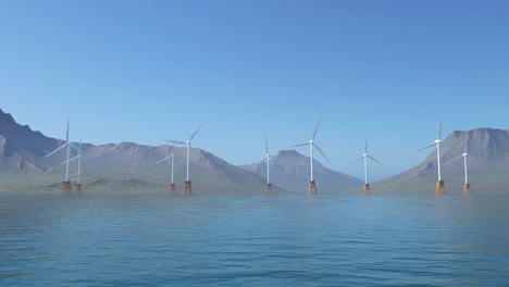 Ein-Offshore-Windmühlenpark-Im-Wasser.-Mehrere-Windturbinen-Erzeugen-Elektrischen-Strom,-Indem-Sie-Die-Umweltkraft-Des-Windes-Nutzen,-Mit-Wunderschönen-Bergen-Im-Hintergrund-Und-Welligem-Wasser-Darunter.