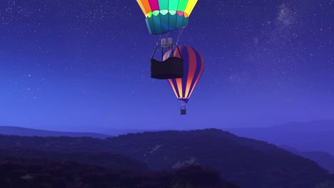 Bunte,-Leuchtende-Heißluftballons,-Die-Nachts-über-Die-Berge-Fliegen.-Drei-Große,-Mehrfarbige,-Leuchtende-Luftballons-Steigen-Langsam-Vor-Einem-Dunklen-Himmel-Mit-Sternen-Auf.-Reisen,-Abenteuer,-Festival.