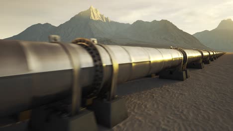 Five-streams-of-a-pipeline-with-heat-pipes-running-through-a-beautiful,-scenic,-foggy-desert-with-vast-mountains-in-the-background.-Fuel-travelling-through-a-pipe-system-supplying-petroleum.