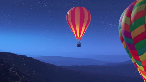 Colorful,-glowing-hot-air-balloons-flying-over-the-mountains-during-a-night.-Three-large-multi-colored-vibrant-balloons-slowly-rising-against-a-dark-sky-with-stars.-Travel,-adventure,-festival.