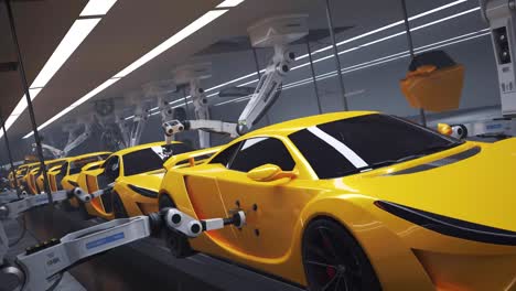 Modern,-automated-car-factory-manufacturing-supercars.-Robotic-arms-creating-slick,-exotic,-powerful-vehicles-in-a-long-assembly-line.-Fast,-efficient,-futuristic-automotive-engineering-and-production