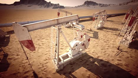 Animation-showing-the-extraction-of-oil-in-the-natural-desert-environment.-The-oil-pumping-jacks-pump-the-liquid-from-the-underground-and-send-it-into-pipelines-for-transportation.-Loopable.-HD
