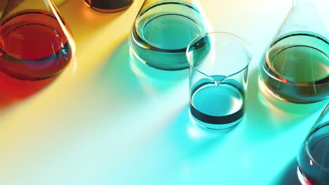 Seamless-looping-animation-of-laboratory-glassware-filled-with-colorful-liquids.-Multi-colored-light-passes-through-the-glass-beakers,-flasks-and-liquids-with-caustic-effect.-Concept-of-science,-lab