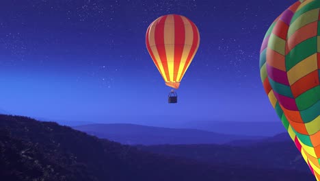 Colorful,-glowing-hot-air-balloons-flying-over-the-mountains-during-a-night.-Three-large-multi-colored-vibrant-balloons-slowly-rising-against-a-dark-sky-with-stars.-Travel,-adventure,-festival.
