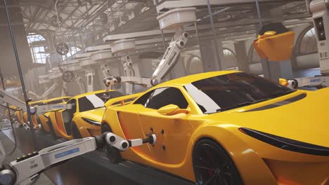 Modern,-automated-car-factory-manufacturing-supercars.-Robotic-arms-creating-slick,-exotic,-powerful-vehicles-in-a-long-assembly-line.-Fast,-efficient,-futuristic-automotive-engineering-and-production
