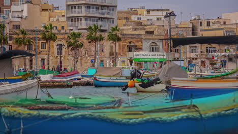 Timelapse-of-Marsaxlokk-Bay-with-bright-boats-of-different-vibrant-colors