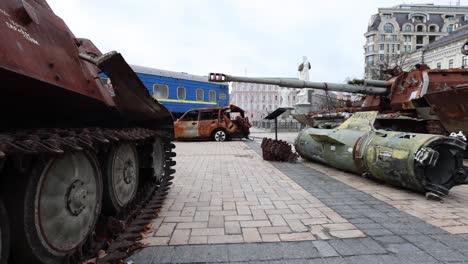 War-Exhibition-at-Sophia-Square-in-Kyiv-Featuring-Destroyed-Russian-Vehicles-And-Ukrainian-Train-Hit-With-Bullets