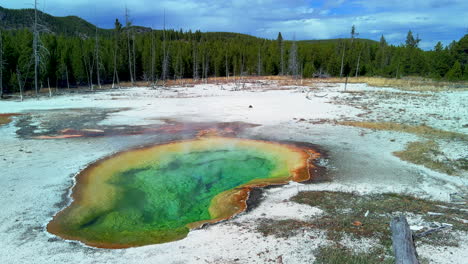 Opal-Pool-Morning-Glory-Grand-Prismatic-Spring-West-Yellowstone-National-Park-Old-Faithful-Grand-loop-geysers-scenic-Wyoming-Idaho-mist-steam-thermal-colorful-yellow-morning-cinematic-slowly-pan-left