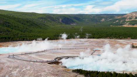 Grand-Prismatic-Spring-tourist-walkway-landscape-West-Yellowstone-National-Park-Old-Faithful-Grand-loop-geysers-scenic-Wyoming-Idaho-mist-steam-thermal-colorful-yellow-midday-cinematic-slowly-pan-left