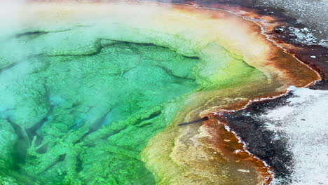 Morning-Glory-Opal-Pool-Grand-Prismatic-Spring-West-Yellowstone-National-Park-Old-Faithful-Grand-loop-geysers-scenic-Wyoming-Idaho-mist-steam-thermal-colorful-yellow-morning-cinematic-slowly-pan-left