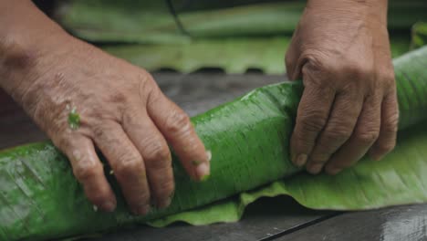 Primer-Plano-De-Manos-Envolviendo-Un-Pescado-En-Hojas-De-Plátano-Preparándose-Para-Fumarlo,-Selva-Amazónica-Del-Perú.