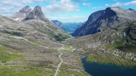 Scenic-Route-to-Trollstigen-in-Reinheimen-National-Park,-Norway---Aerial