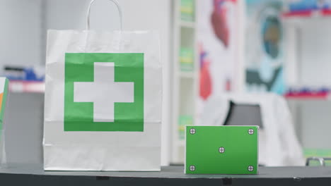 Medical-supplies-bag-with-pills-and-greenscreen-shown-on-box