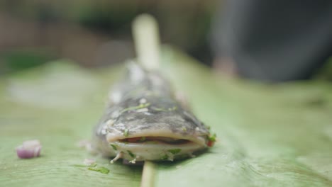 Closeup-of-fish-getting-prepared-to-grill-in-the-Amazonian-Jungle,-Peru