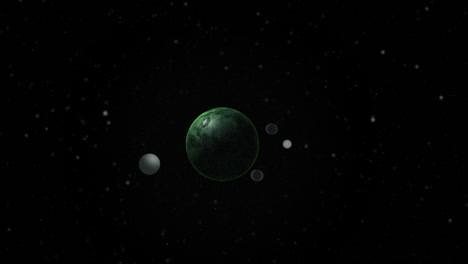 Acercándose-A-Un-Planeta-Enano-Verde-Que-Se-Mueve-En-El-Espacio-Con-4-Lunas-Orbitando-Alrededor-De-Su-Eje