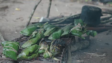 Closeup-of-wrapped-food-over-a-fire-in-the-Amazonian-Rainforest,-Peru