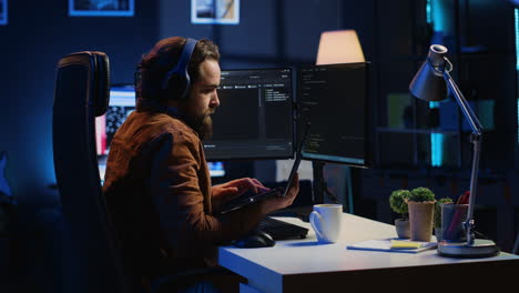 Developer-typing-complex-code-in-neon-lit-home-office,-listening-music