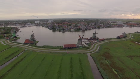 Aerial-scene-with-windmills-and-township-in-Netherlands