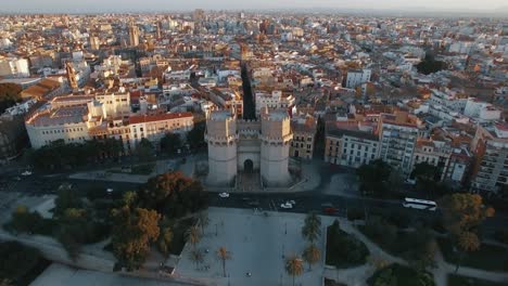 Aerial-shot-of-Valencia-with-Serranos-Towers-Spain