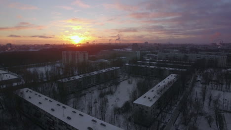 Aerial-cityscape-of-winter-St-Petersburg-at-sunrise-Russia