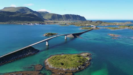 Lofoten-Islands-Bridge-and-Scenic-Route-during-summer-in-Norway---Aerial-Circling