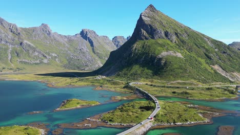 Lofoten-Islands-Fjord-and-Scenic-Route-in-Norway,-Scandinavia---Aerial-Circling