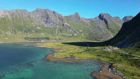 Lofoten-Islands-Fjord-and-Turquoise-Blue-Water-in-Norway,-Scandinavia---Aerial