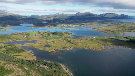 Lofoten-Islands-Scenic-Panorama-Landscape-in-Leknes,-Norway,-Scandinavia---Aerial