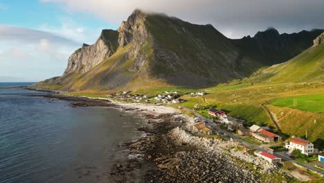 Vikten-Village-and-rough-coastline-at-Lofoten-Islands-in-Norway,-Scandinavia---Aerial-Circling