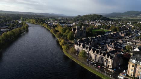 aerial-drone-footage-of-the-river-ness-in-the-country-in-Inverness,-Scotland-in-the-Highlands