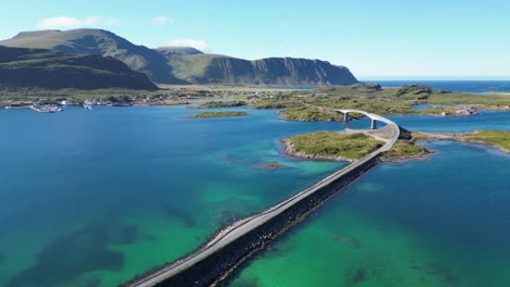 Lofoten-Islands-Bridge-and-Scenic-Route-across-Turquoise-Blue-Water-in-Norway,-Scandinavia
