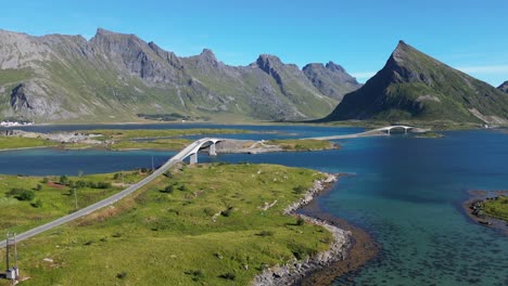 Lofoten-Islands-Route-to-Fredvang-Bridge-during-summer-in-Norway---Aerial