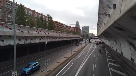 Concrete-Highway-Panoramic-View-in-El-Poblenou-Barcelona-Cars-Traffic-in-Autumn