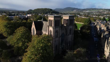 aerial-drone-shot-of-st-andrews-cathedral-steeples-in-Inverness,-Scotland-in-the-Highlands