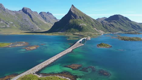 Lofoten-Islands-Bridge,-Fjords-and-Scenic-Route-in-Norway,-Scandinavia---Aerial-Circling