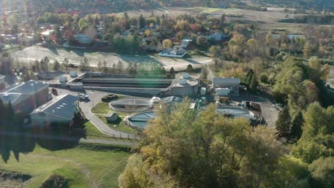 Aerial-View-Of-Ashland's-Wastewater-Treatment-Plant-In-Oak-Street,-Ashland,-Oregon,-United-States