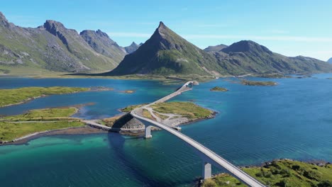 Lofoten-Islands-Bridge,-Fjords-and-Scenic-Route-in-Norway,-Scandinavia---Aerial