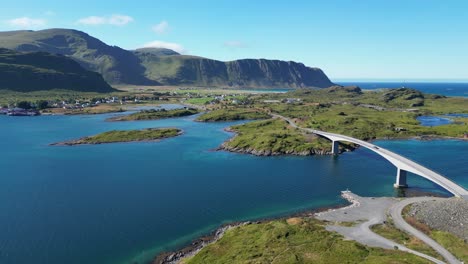 Lofoten-Islands-Bridge-and-Scenic-Route-during-summer-in-Norway,-Scandinavia---Aerial