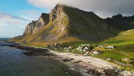 Vikten-Beach,-Coastline-and-Village-at-Lofoten-Islands-in-Norway,-Scandinavia---Aerial-Circling