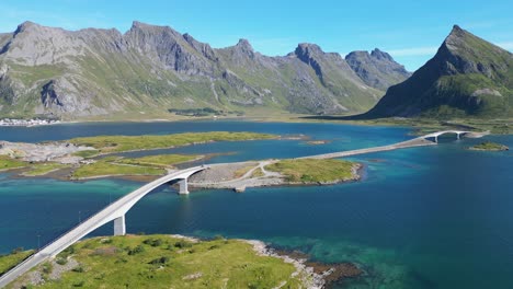 Lofoten-Islands-Bridge-and-Scenic-Route-in-Norway,-Scandinavia---Pan-Right