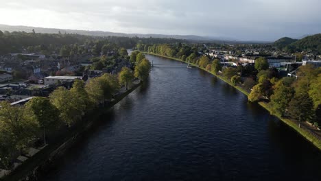 aerial-drone-footage-of-the-river-ness-in-Inverness,-Scotland-in-the-Highlands