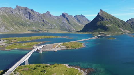 Lofoten-Islands-Bridges,-Fjords-and-Scenic-Route-in-Norway,-Scandinavia---Aerial-Circling