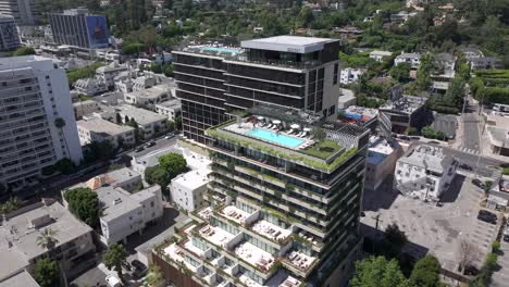 Drone-shot-swimming-pool-on-rooftop-of-West-Hollywood-Edition-luxury-hotel