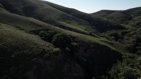Drone-push-in-tilt-up-along-dark-shadowy-subdued-green-rolling-hillside
