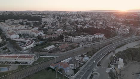 Panoramic-aerial-establishing-overview-of-Lisbon-Portugal-city-at-sunset