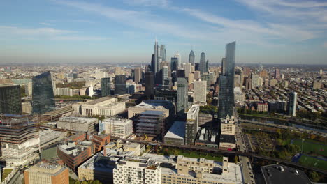 Aerial-view-around-the-of-the-West-Philadelphia-district-with-skyline-background